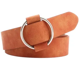 103cm Women's Camel Genuine Leather Retro Belt with Silver Metal Round Buckle