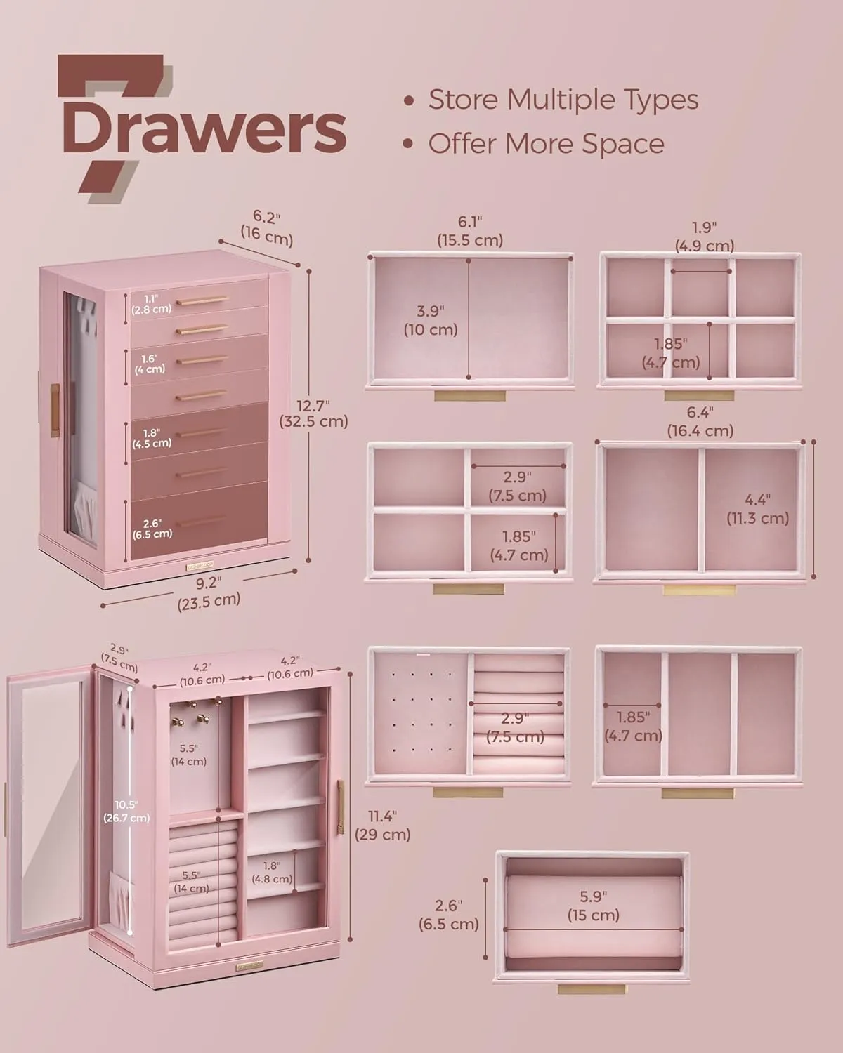 360 Rotating Jewelry Box with 7 Drawers, Spacious Vertical Jewelry Organizer with Glass Window, Jewelry Storage Case, Dustproof & Moisture-resistant Design, Pink