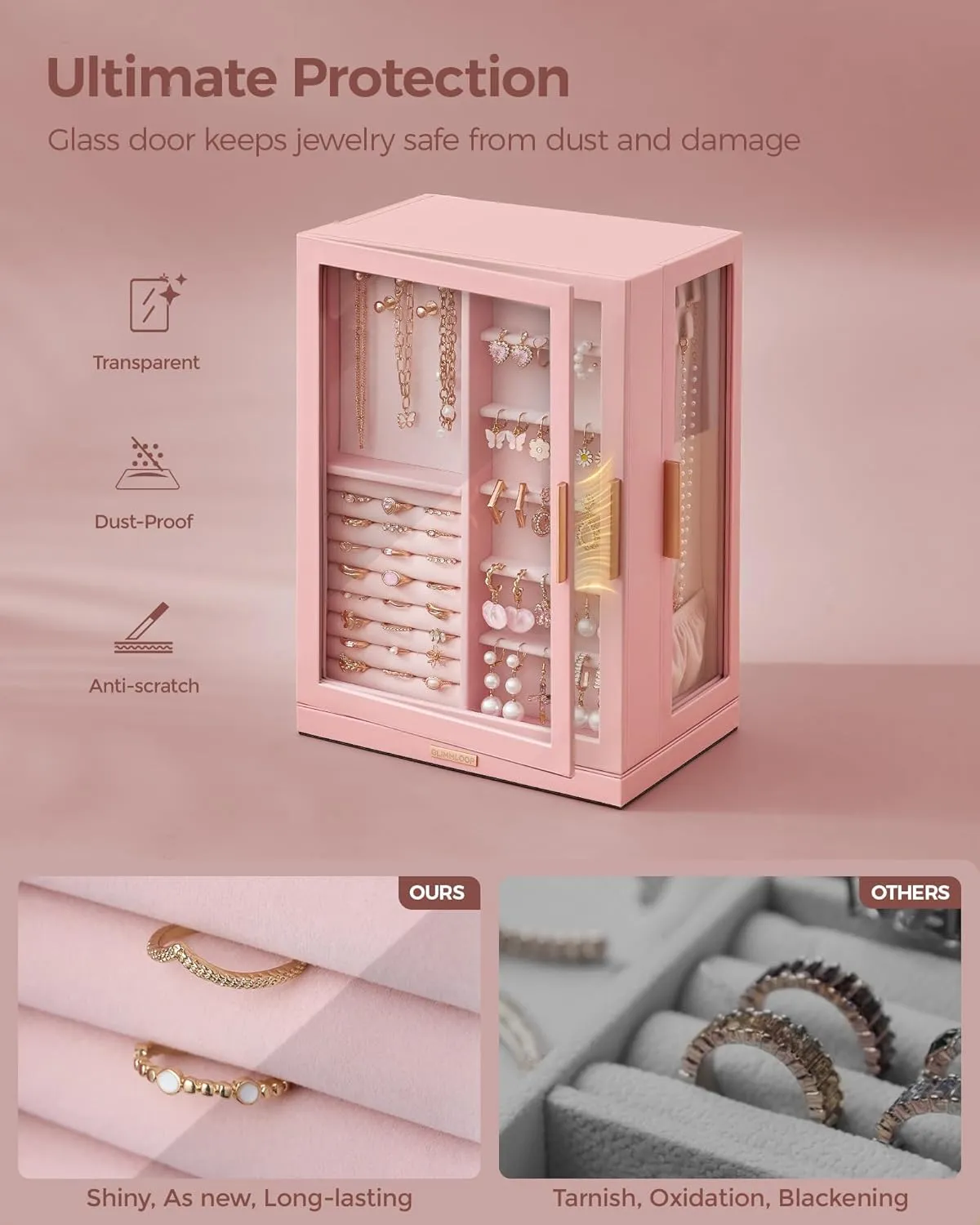 360 Rotating Jewelry Box with 7 Drawers, Spacious Vertical Jewelry Organizer with Glass Window, Jewelry Storage Case, Dustproof & Moisture-resistant Design, Pink