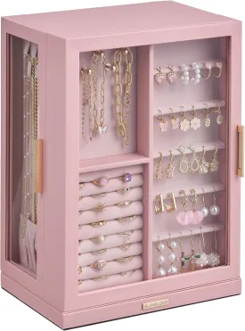 360 Rotating Jewelry Box with 7 Drawers, Spacious Vertical Jewelry Organizer with Glass Window, Jewelry Storage Case, Dustproof & Moisture-resistant Design, Pink