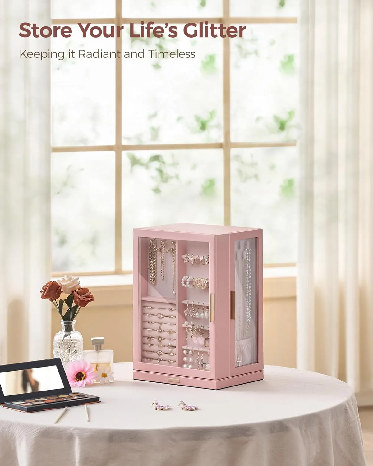 360 Rotating Jewelry Box with 7 Drawers, Spacious Vertical Jewelry Organizer with Glass Window, Jewelry Storage Case, Dustproof & Moisture-resistant Design, Pink