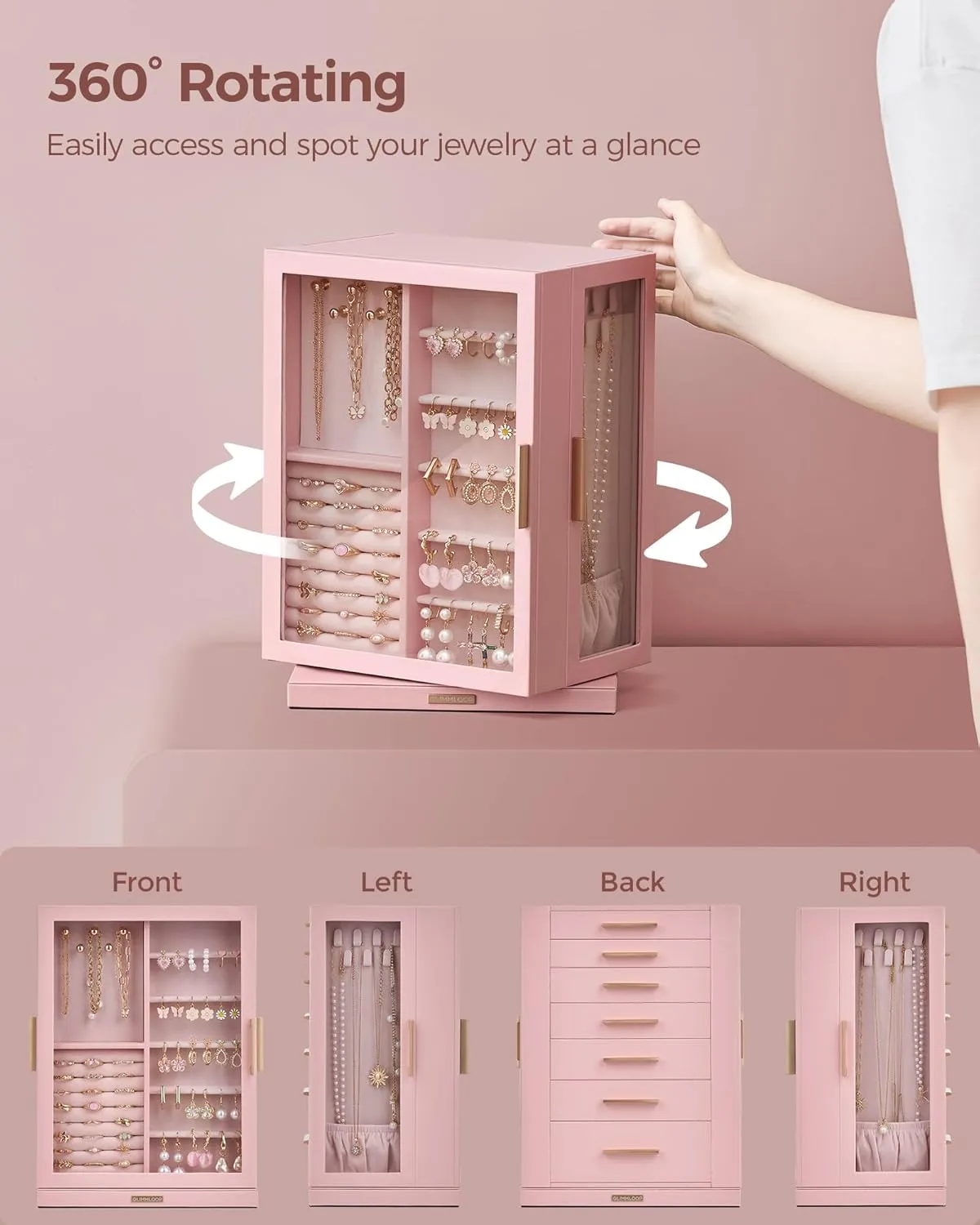 360 Rotating Jewelry Box with 7 Drawers, Spacious Vertical Jewelry Organizer with Glass Window, Jewelry Storage Case, Dustproof & Moisture-resistant Design, Pink