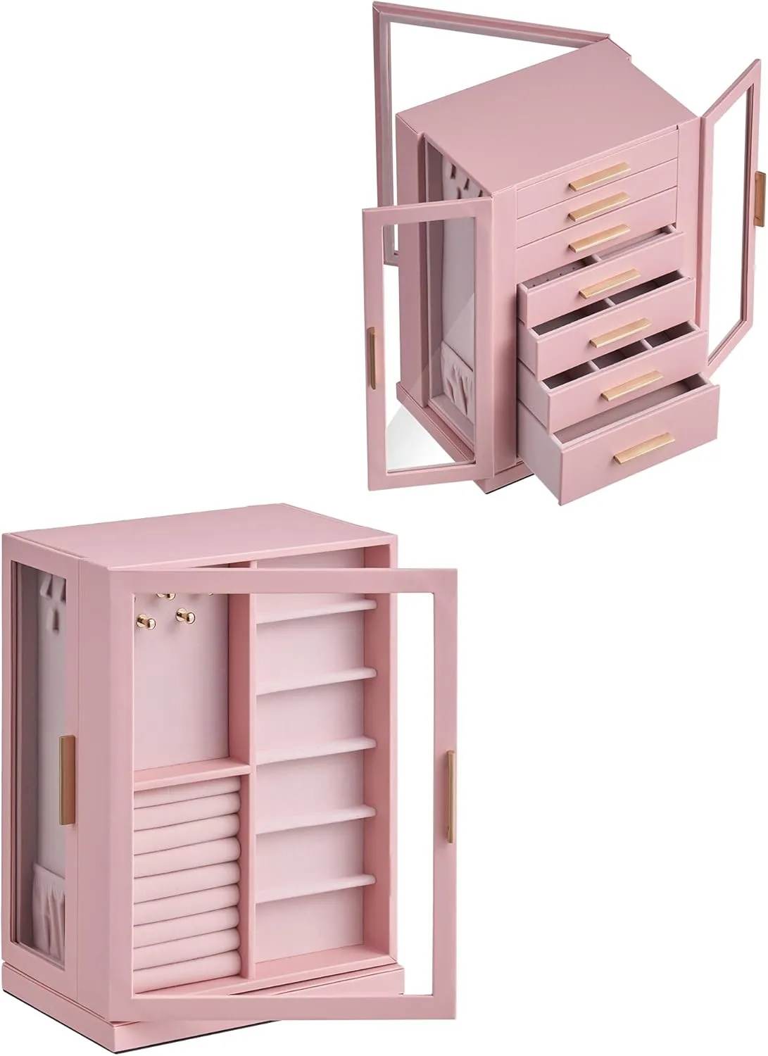 360 Rotating Jewelry Box with 7 Drawers, Spacious Vertical Jewelry Organizer with Glass Window, Jewelry Storage Case, Dustproof & Moisture-resistant Design, Pink