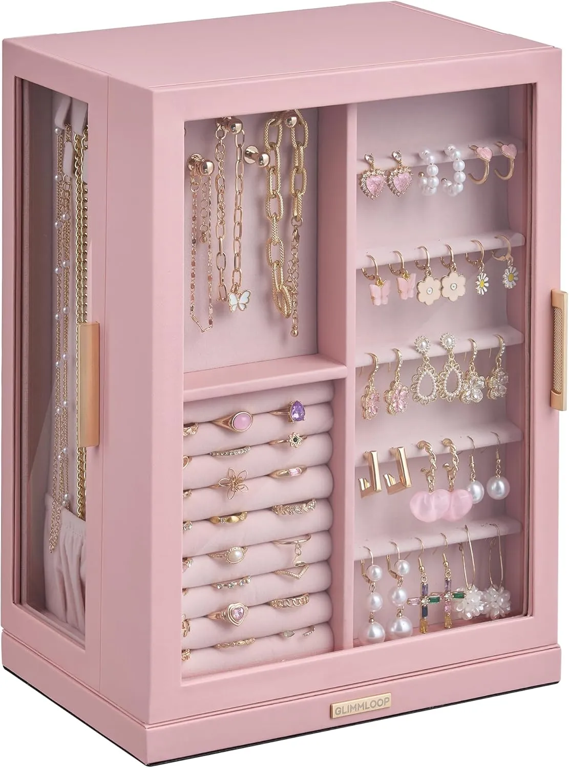 360 Rotating Jewelry Box with 7 Drawers, Spacious Vertical Jewelry Organizer with Glass Window, Jewelry Storage Case, Dustproof & Moisture-resistant Design, Pink