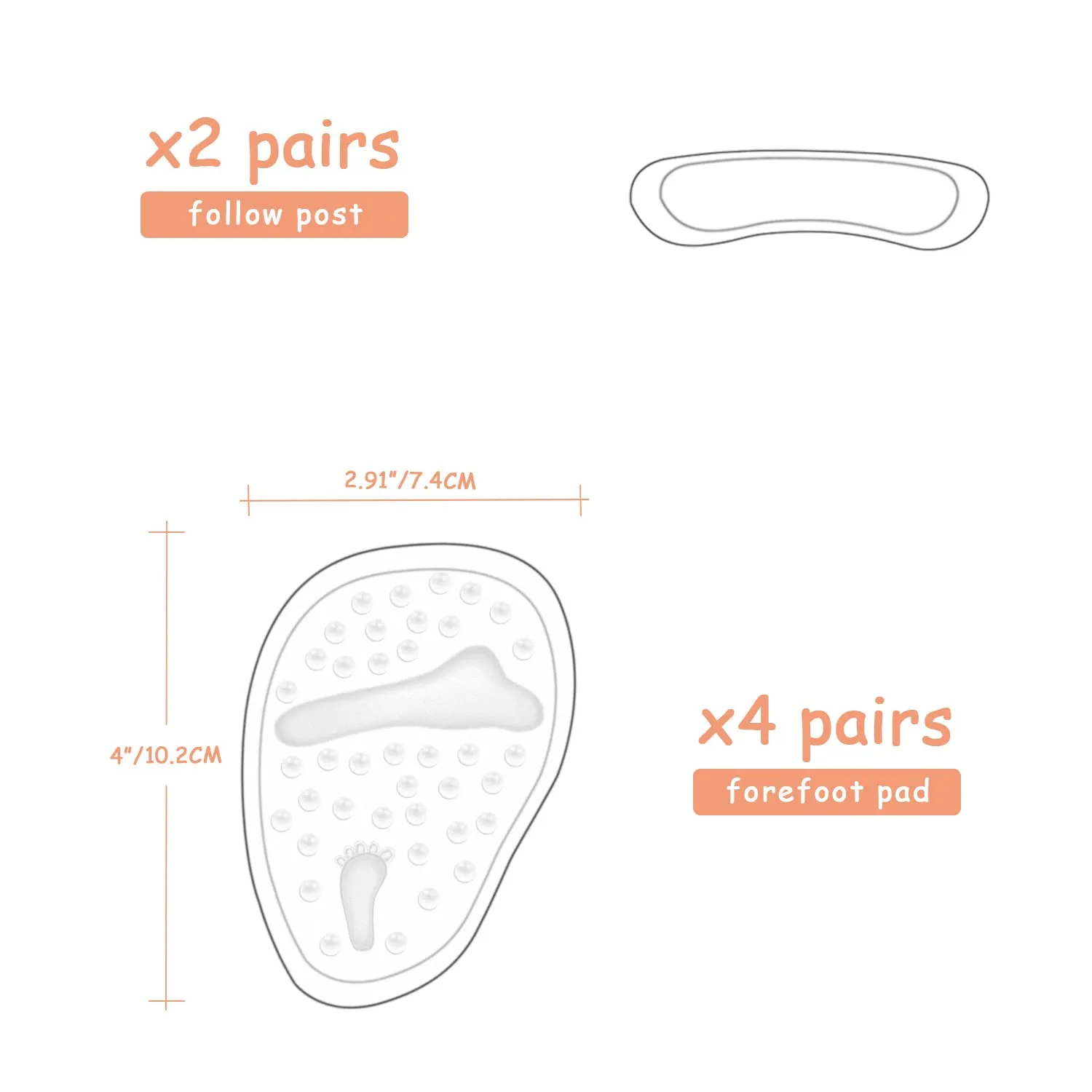 4 Pairs High Heel Insoles, 2 Pairs Clear Heel Adhesives, Soft Gel for Metatarsal Pain Relieving, Non Slip Gel Sole for Any Shoe Silicone Insole