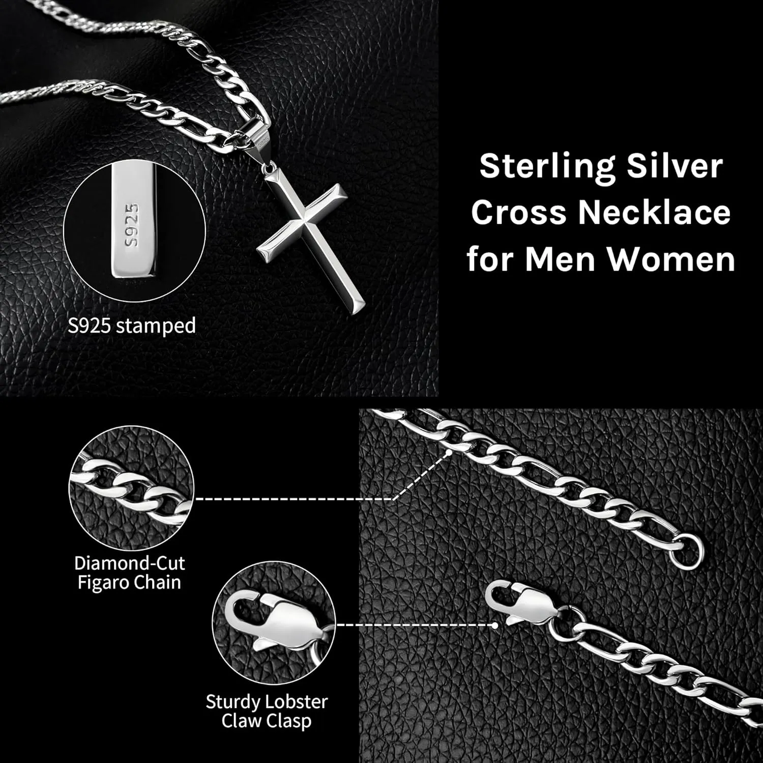 925 Sterling Silver Cross Necklace for Men Women with 4.5MM Stainless Steel Strong Durable Figaro Chain 18K White Gold Plated Crucifix Pendant Necklace Jewelry 16-28 Inches
