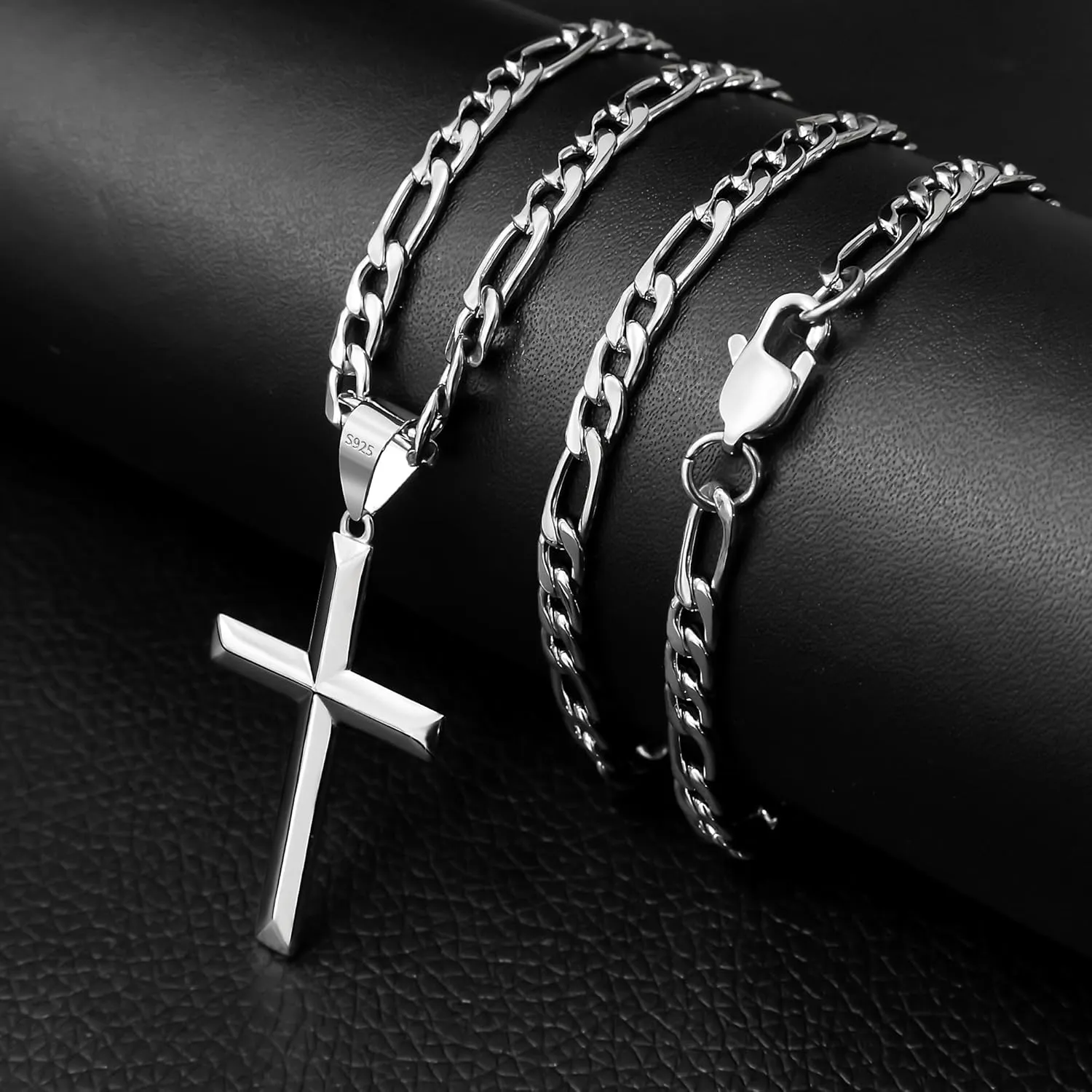 925 Sterling Silver Cross Necklace for Men Women with 4.5MM Stainless Steel Strong Durable Figaro Chain 18K White Gold Plated Crucifix Pendant Necklace Jewelry 16-28 Inches