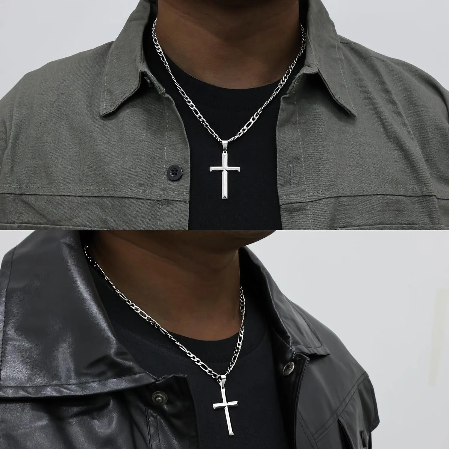 925 Sterling Silver Cross Necklace for Men Women with 4.5MM Stainless Steel Strong Durable Figaro Chain 18K White Gold Plated Crucifix Pendant Necklace Jewelry 16-28 Inches