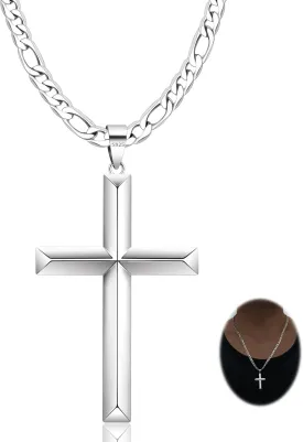 925 Sterling Silver Cross Necklace for Men Women with 4.5MM Stainless Steel Strong Durable Figaro Chain 18K White Gold Plated Crucifix Pendant Necklace Jewelry 16-28 Inches