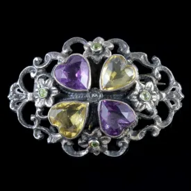 Antique Victorian Silver Amethyst Citrine Heart Brooch Circa 1900