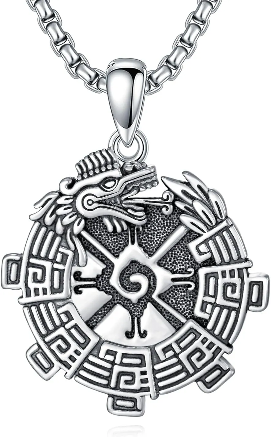 Aztec Necklace 925 Sterling Silver Mayan Dragon Pendant Jewelry for Men Women