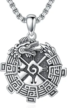 Aztec Necklace 925 Sterling Silver Mayan Dragon Pendant Jewelry for Men Women