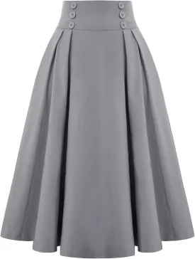 Belle Poque Women's Vintage High Waist Pleated Midi A-Line Skirt with Pockets