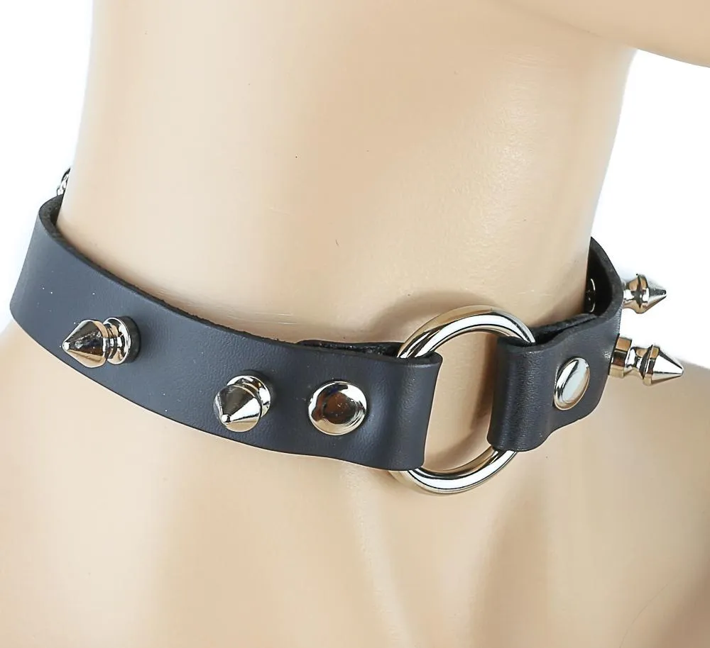Black Leather Choker With  Ring And  Spikes