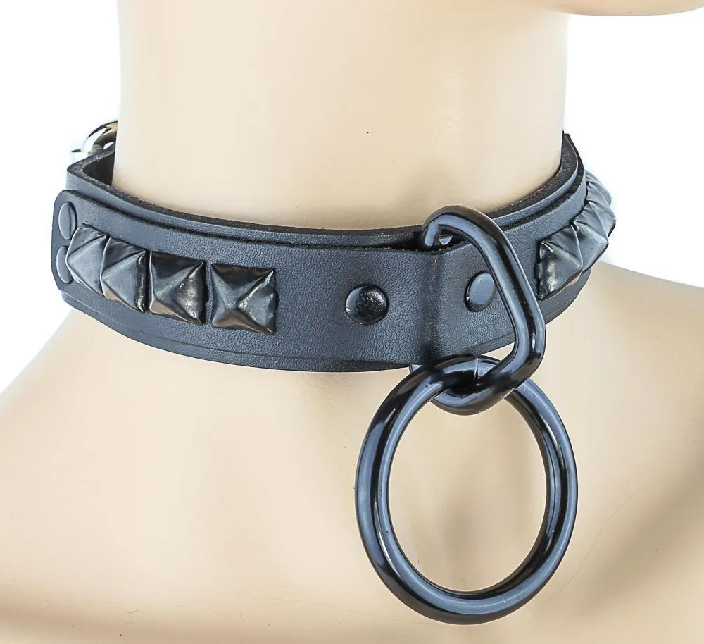 Black Leather Choker With One 1/2" Loop & Ring And 1 Row 1/2" Pyramid Studs