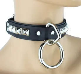 Black Leather Choker With One 1/2" Loop & Ring And 1 Row 1/2" Pyramid Studs