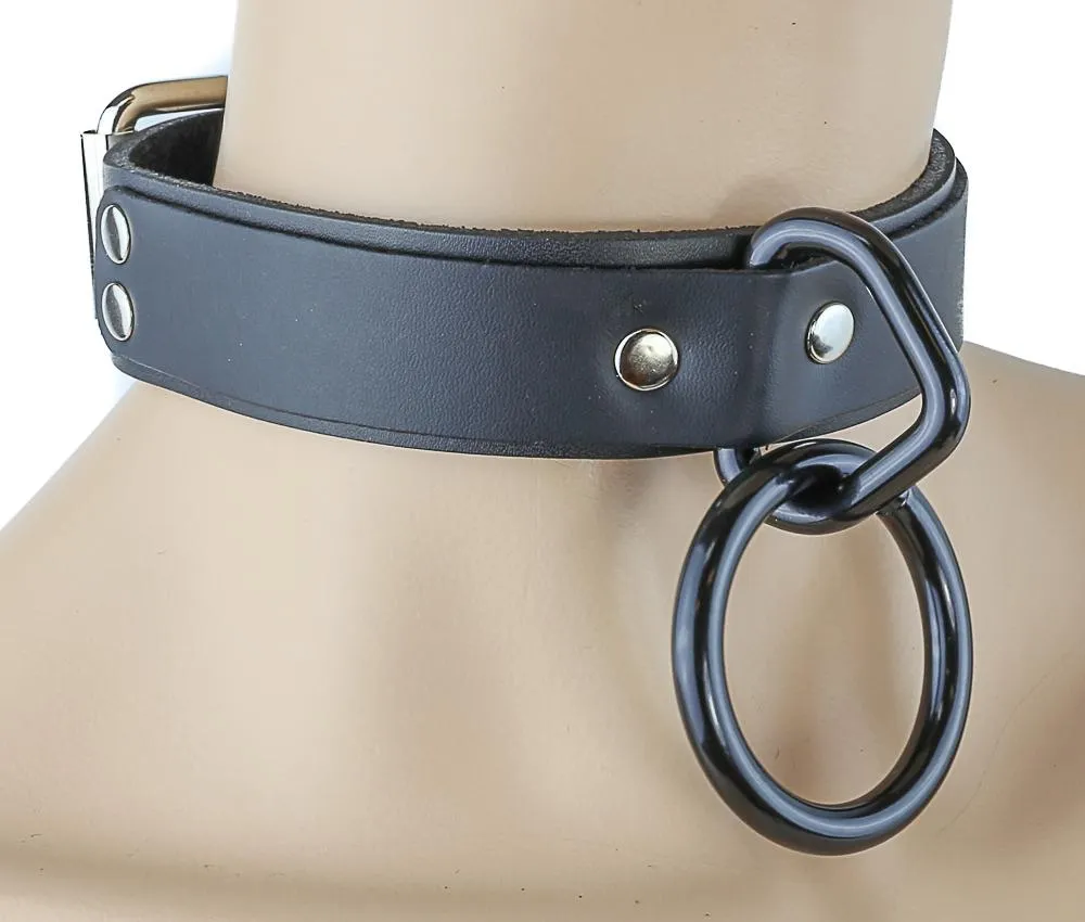 Black Leather Bondage Choker 1 1/2" Ring
