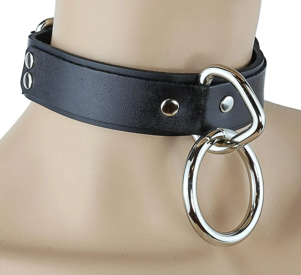 Black Leather Bondage Choker 1 1/2" Ring