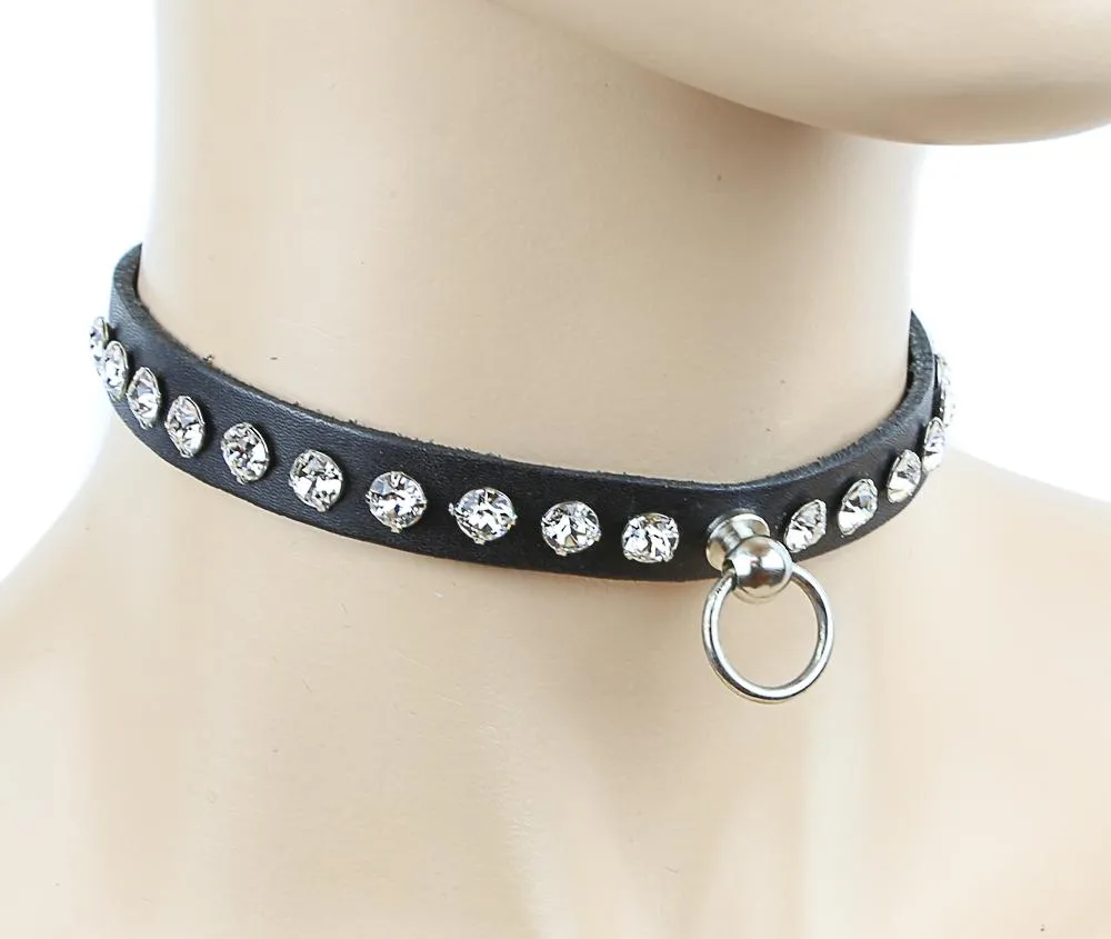 Black Leather Choker With One Row Rhinestones And O Ring