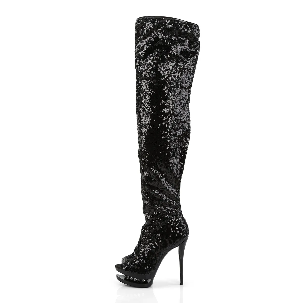 BLONDIE-R-3011 Sexy 6 Inch Black Sequins Stripper Thigh High Boots