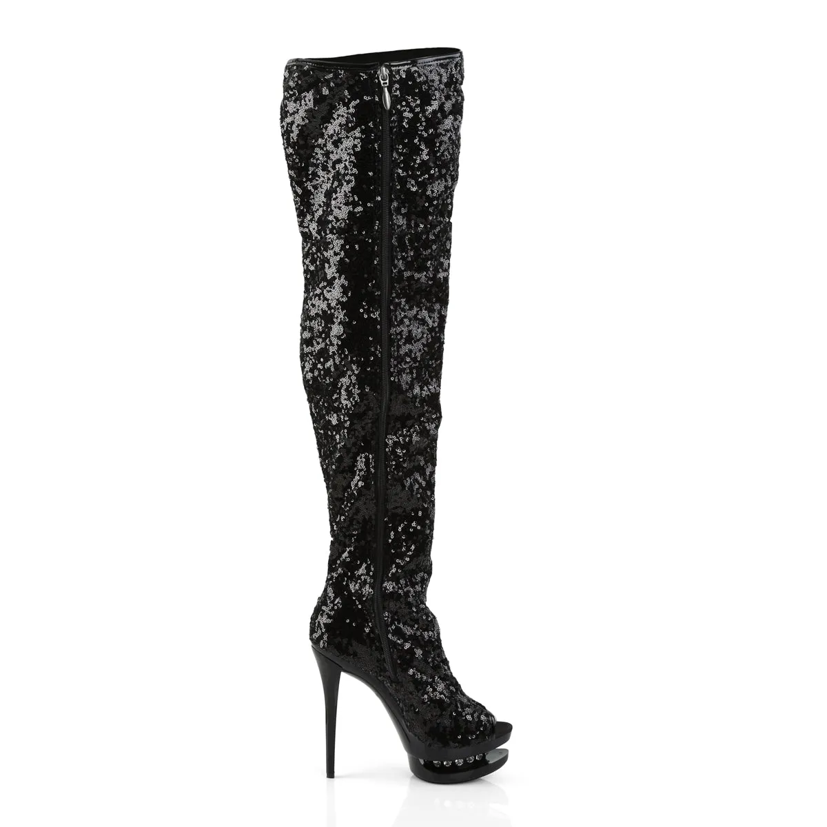 BLONDIE-R-3011 Sexy 6 Inch Black Sequins Stripper Thigh High Boots
