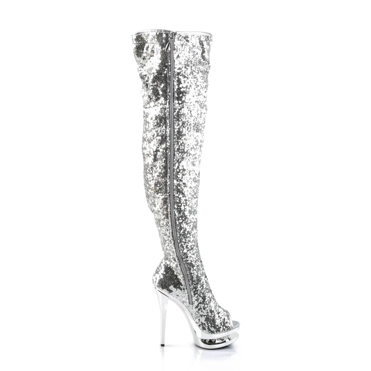 BLONDIE-R-3011 Sexy 6" Silver Sequins Pole Dancer Platform Thigh High Boots