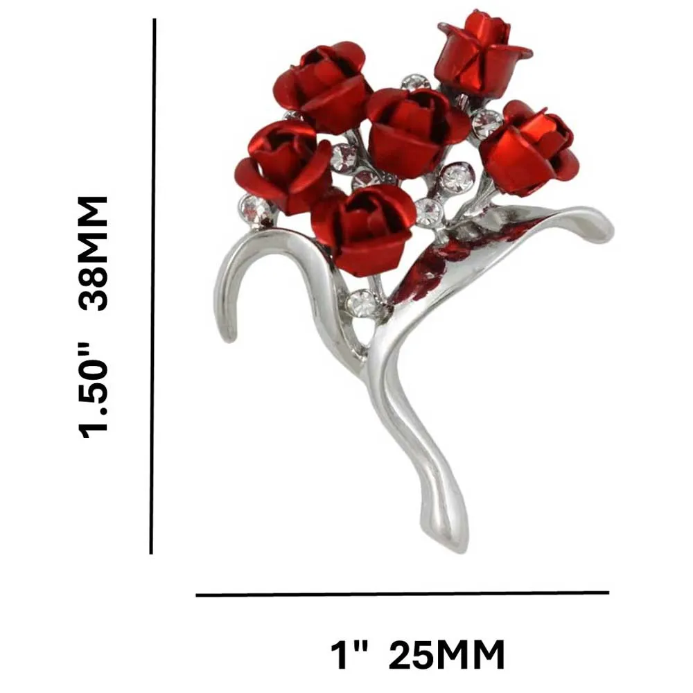 Bouquet of 6 Red Rose Buds with Crystals Flower Pin - PRL105SP