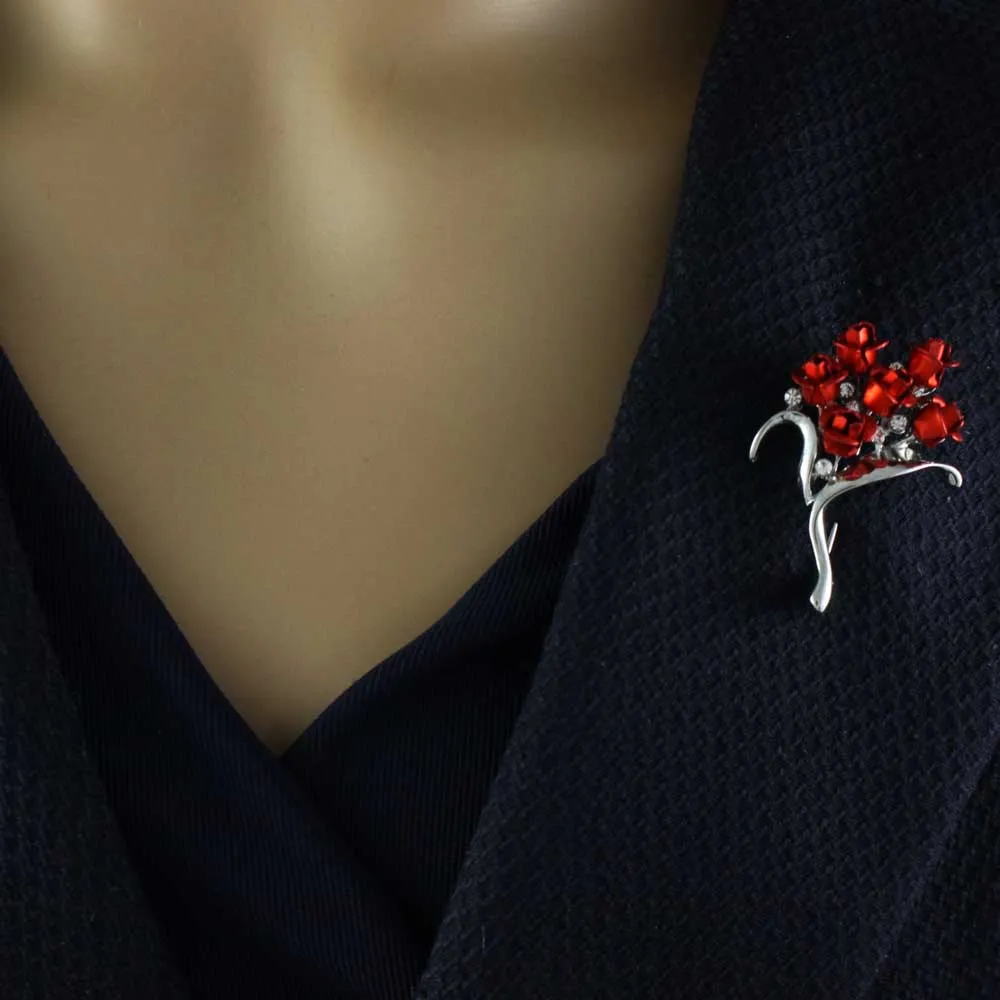 Bouquet of 6 Red Rose Buds with Crystals Flower Pin - PRL105SP