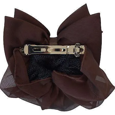 Brown Hair Bow Bun Net Barrette Clip Satin Ribbon Snood Kids Womens Accessories