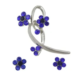 Cobalt Blue Crystal Daisies Brooch Pin and Earring Set - PRL904BS