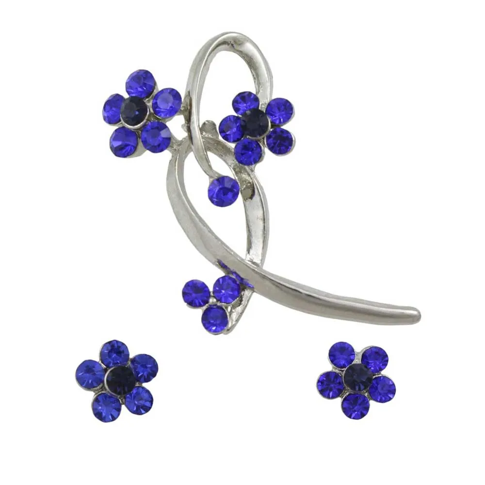 Cobalt Blue Crystal Daisies Brooch Pin and Earring Set - PRL904BS