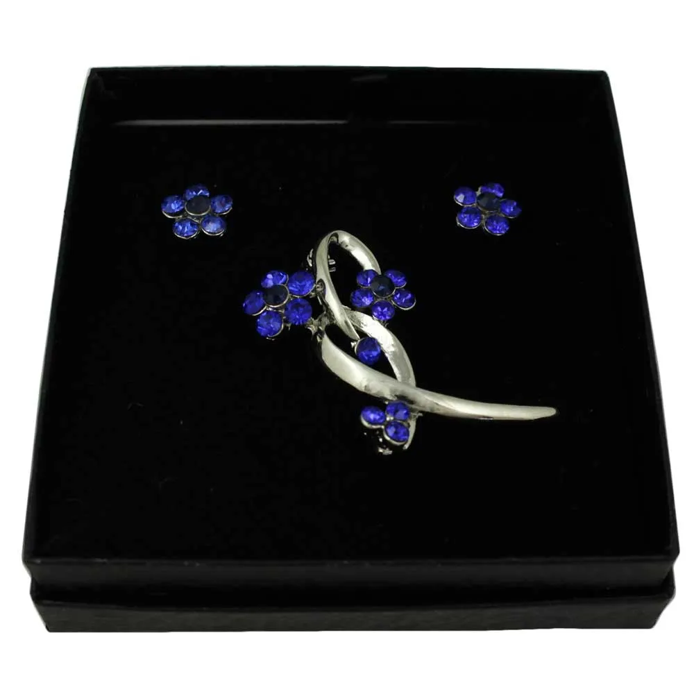 Cobalt Blue Crystal Daisies Brooch Pin and Earring Set - PRL904BS