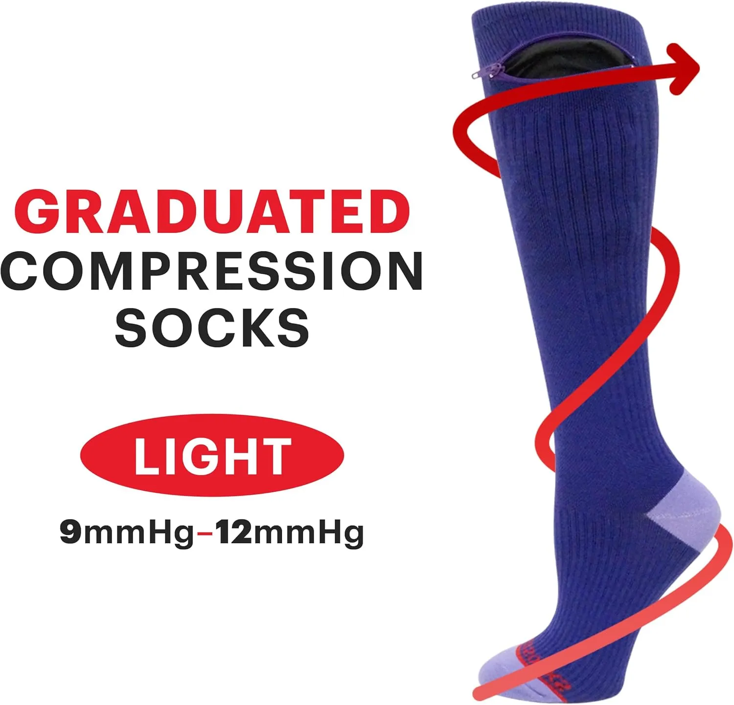 Compression Socks - Over the Calf Anti pickpocket Zipper Socks w/Pockets - 9mmHg - 12mmHg Light Compression