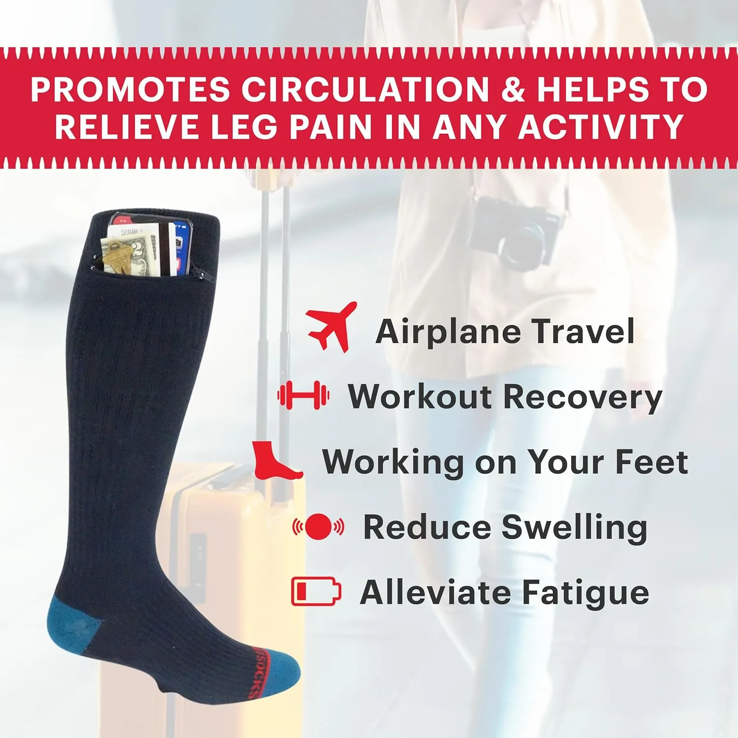 Compression Socks - Over the Calf Anti pickpocket Zipper Socks w/Pockets - 9mmHg - 12mmHg Light Compression