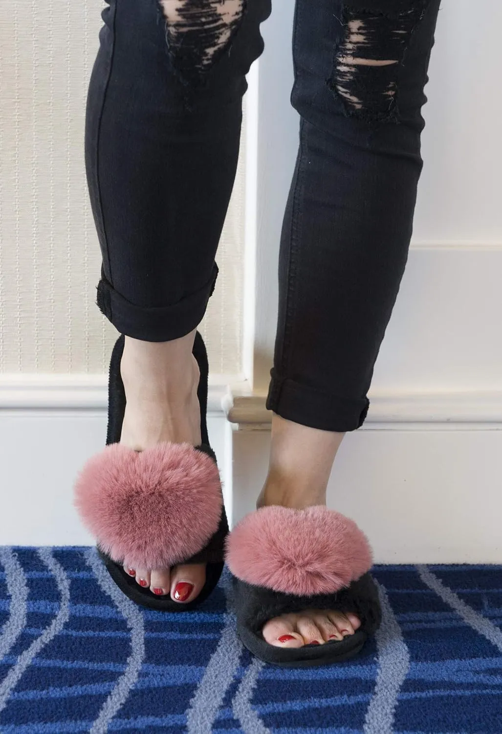 Crazy Lady Women's LOVE Slippers Fuzzy Fluffy Memory Foam House Shoes Open Toe Indoor and Outdoor