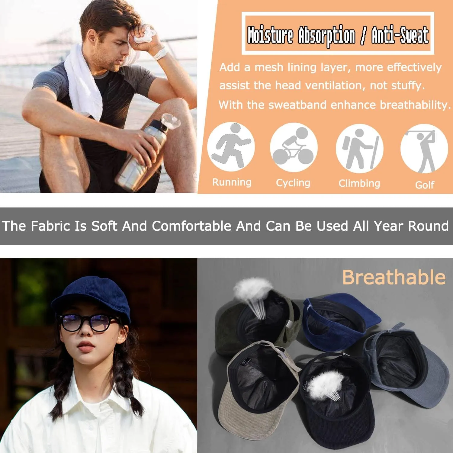 Croogo Flat Bill Cap Classic Corduroy Baseball Cap for Men Women Dad Hat 6 Panel Flat Brimmed Camper Hats Visor Sports Cap