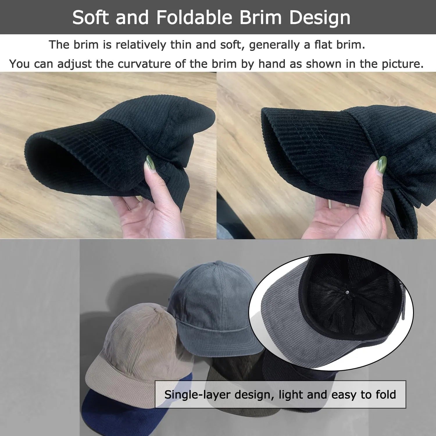 Croogo Flat Bill Cap Classic Corduroy Baseball Cap for Men Women Dad Hat 6 Panel Flat Brimmed Camper Hats Visor Sports Cap