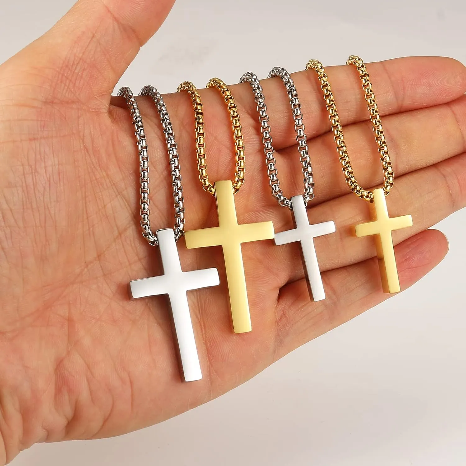 Cross Necklace for Men - Stainless Steel Silver/Gold Plain Cross Pendant Necklace Simple Jewelry Gifts, 18-24 Inch Box Chain 3mm Width with Gift Box