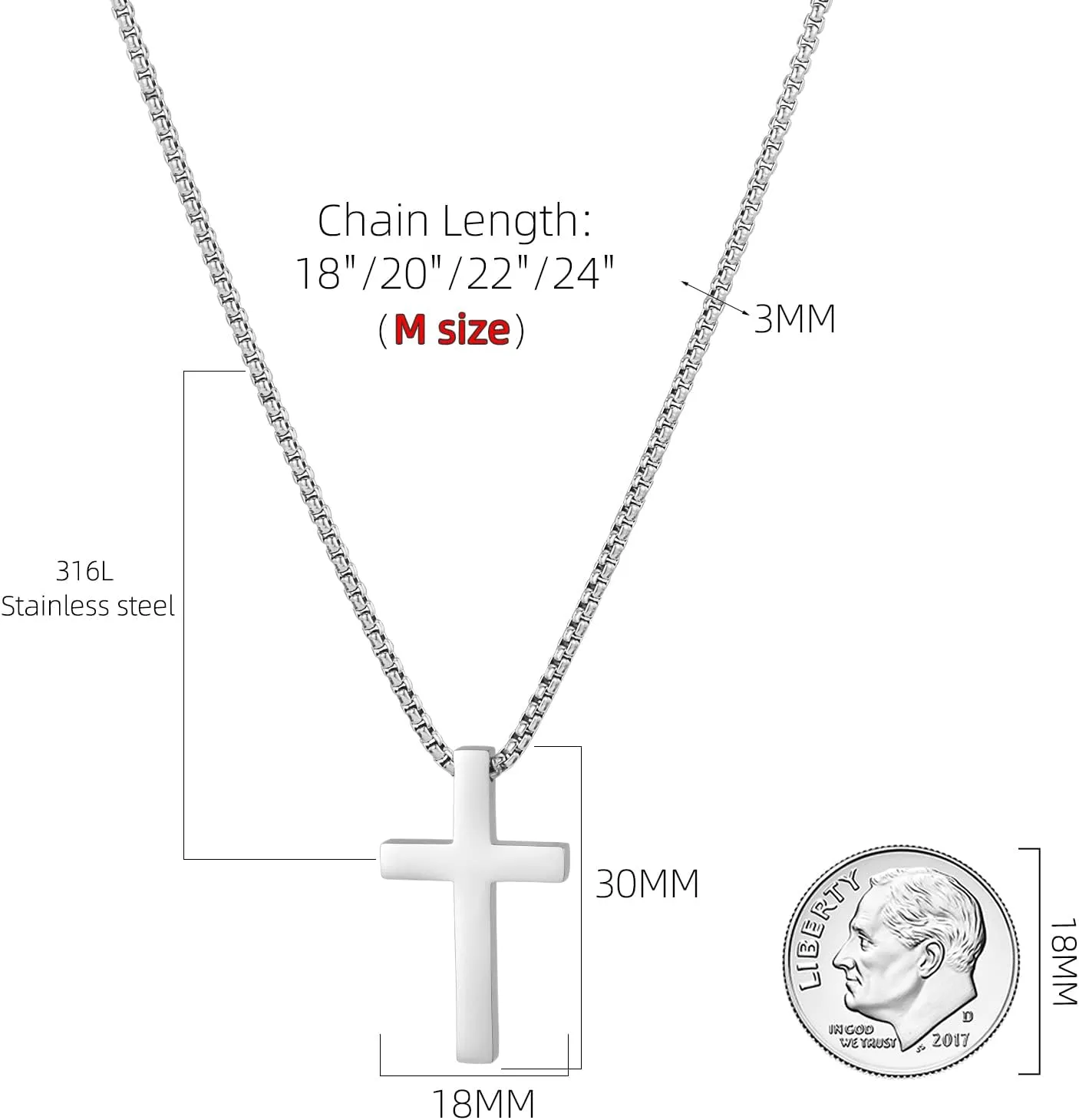Cross Necklace for Men - Stainless Steel Silver/Gold Plain Cross Pendant Necklace Simple Jewelry Gifts, 18-24 Inch Box Chain 3mm Width with Gift Box