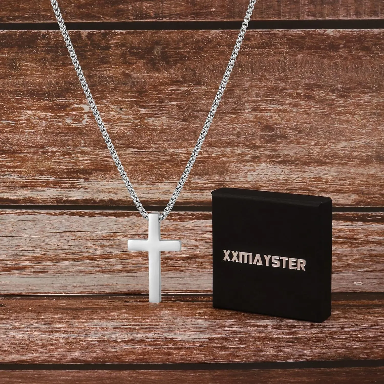 Cross Necklace for Men - Stainless Steel Silver/Gold Plain Cross Pendant Necklace Simple Jewelry Gifts, 18-24 Inch Box Chain 3mm Width with Gift Box