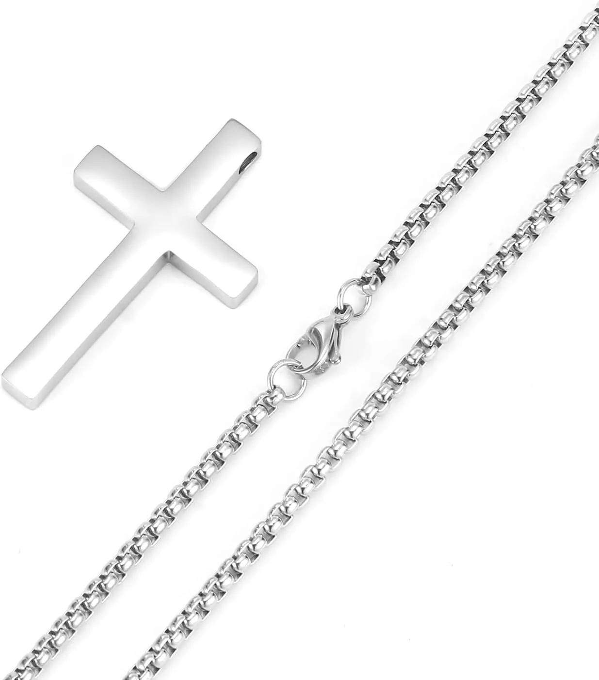 Cross Necklace for Men - Stainless Steel Silver/Gold Plain Cross Pendant Necklace Simple Jewelry Gifts, 18-24 Inch Box Chain 3mm Width with Gift Box