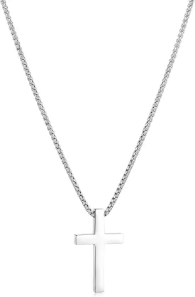 Cross Necklace for Men - Stainless Steel Silver/Gold Plain Cross Pendant Necklace Simple Jewelry Gifts, 18-24 Inch Box Chain 3mm Width with Gift Box