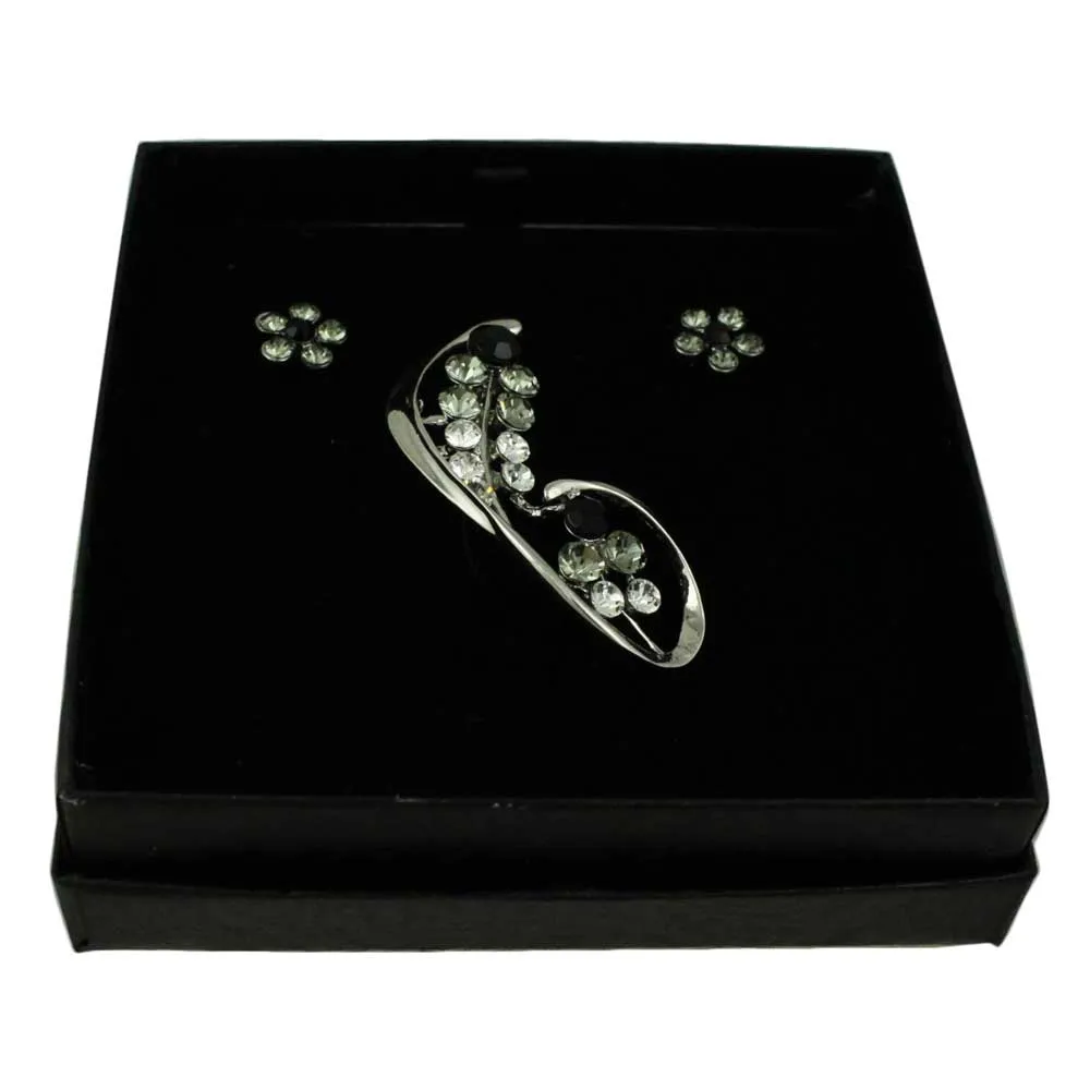 Crystal Flower Brooch Pin and Black Daisy Earring Set - PRL903BS