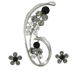 Crystal Flower Brooch Pin and Black Daisy Earring Set - PRL903BS
