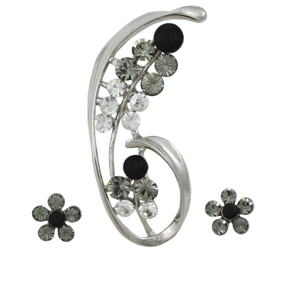Crystal Flower Brooch Pin and Black Daisy Earring Set - PRL903BS