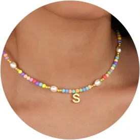 Cute Beaded Initial Necklaces for Girls Trendy Dainty Colorful Pearl Letter Choker Charm Necklace for Women Teen Girls Handmade 14K Gold Plated Bohemian Birthday Personalized Jewelry Gifts