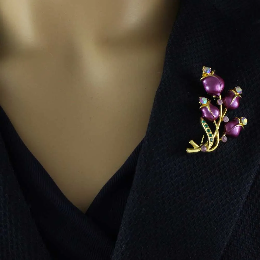Deep Purple Enamel Roses with Crystals Brooch Pin - PRL414