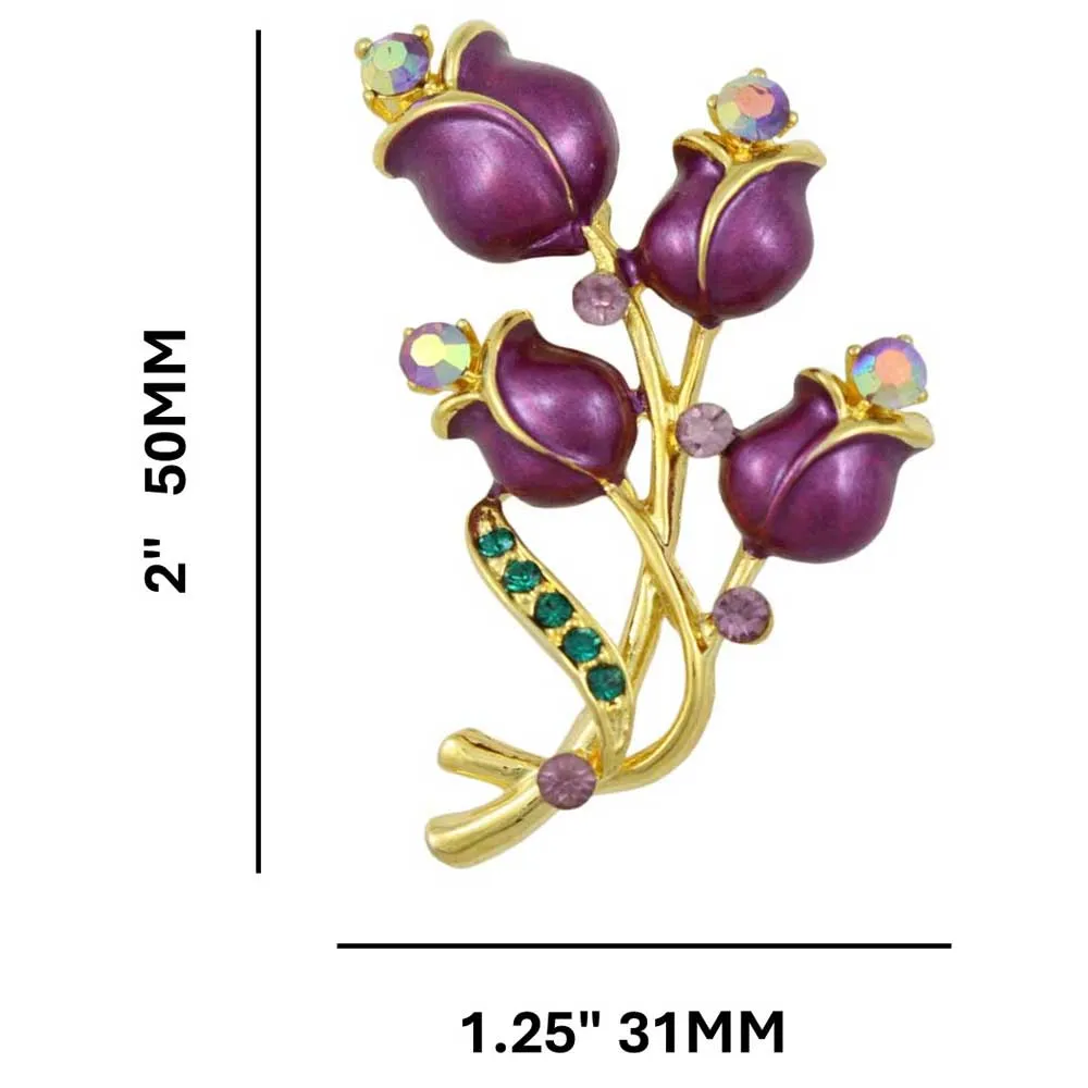 Deep Purple Enamel Roses with Crystals Brooch Pin - PRL414