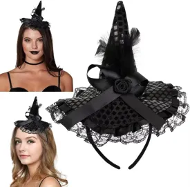 Easter Headband for Women Witch Hat Hair Band Feather Witch Costume Hat for Women Halloween Dress up Party Supplies, Black