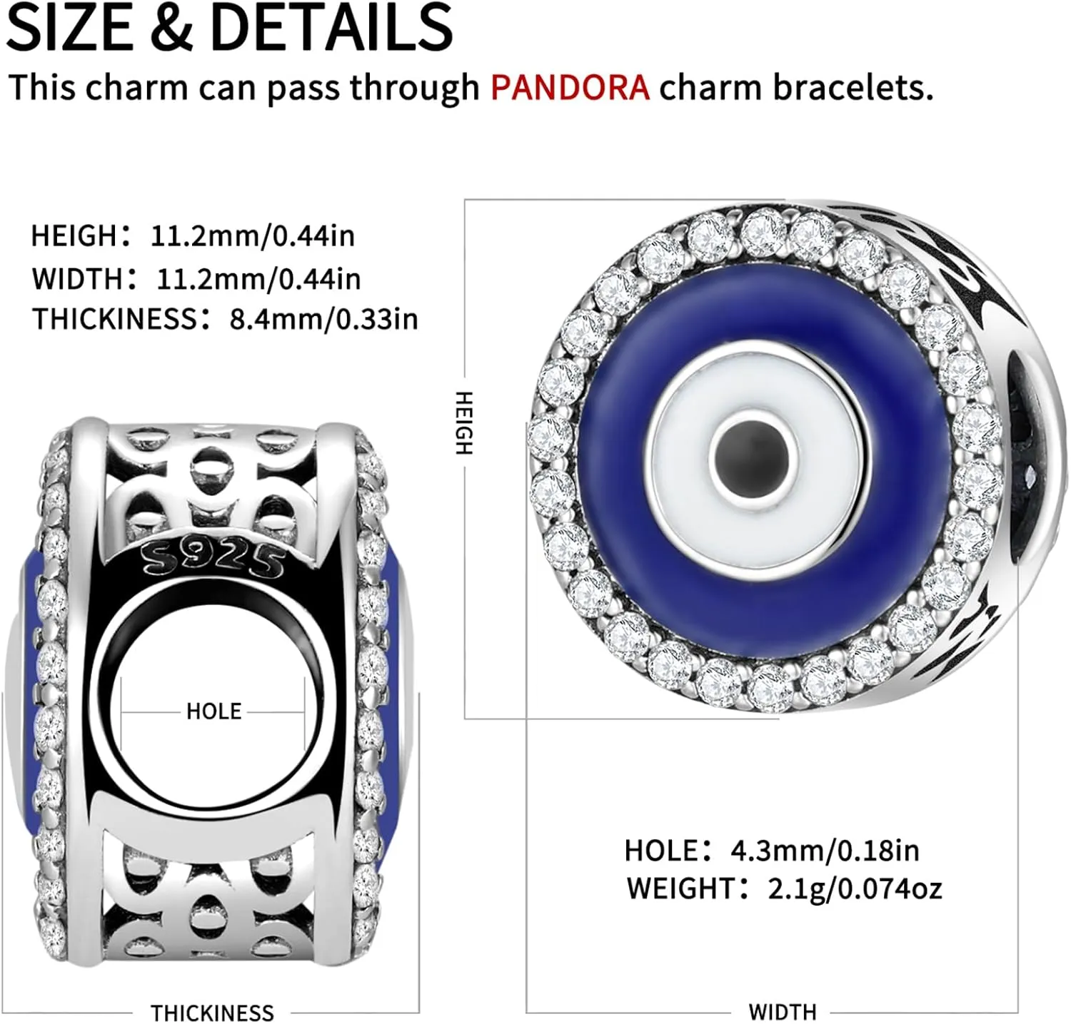 Evil Eye Charms 925 Sterling Silver Charms for Bracelet and Lucky Jewelry Hamsa Charm Fatima Charms Beads European Charm Evil Eye Compatible Bracelet Necklace for Women Mother Sister Gifts